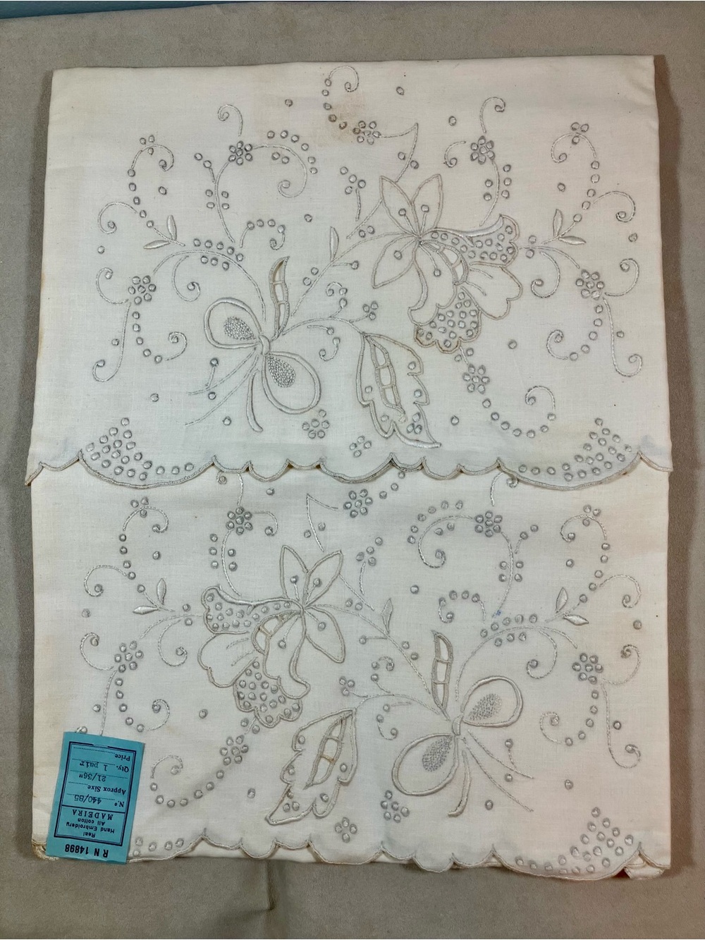 Vintage 60s Cotton Madeira, Portugal Hand-Embroidered Pillowcases/NWT- Set of 2